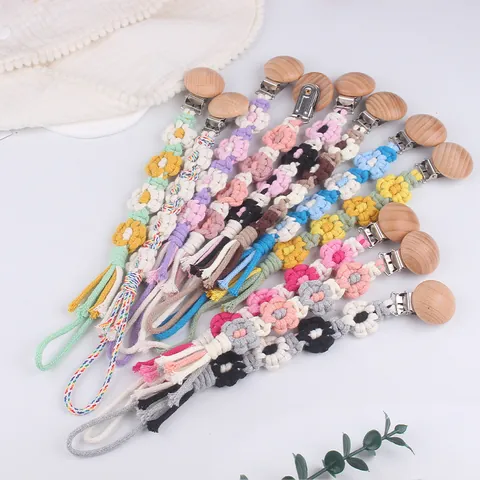 Handgeflochtene Baumwollseil Schnullerkette Mit Buchenholzclip Cartoon Blumenmuster Für Säuglinge Baby Anti-Drop Schnullerhalter Leinen Schnullerband Zubehör