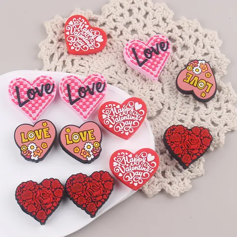 Silicone Heart Shoe Charms Valentine's Day Pink Love Rose DIY Baby Teether Beads Relief Checkered Pattern Decoration For Kids