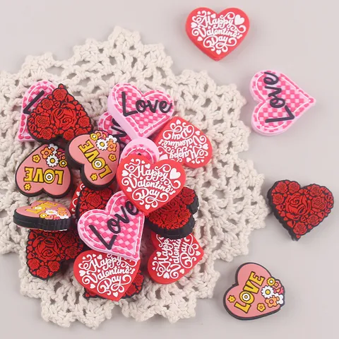 Silicone Heart Shoe Charms Valentine's Day Pink Love Rose DIY Baby Teether Beads Relief Checkered Pattern Decoration For Kids