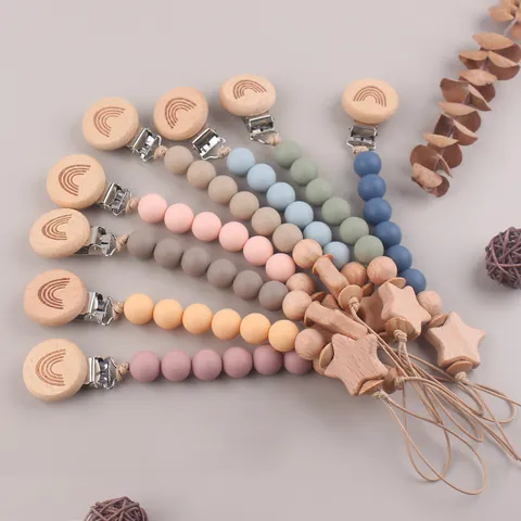 Beech Wood Silicone Beads Pacifier Clip Rainbow Star Pattern Infant Soother Holder Anti-Drop Chain For Babies Toddlers