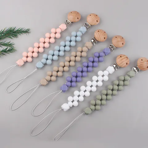 Baby Silicone Beads Beech Wood Pacifier Clip Anti-Drop Chain For Infants Newborn Teething Relief Morandi Pacifier Holder