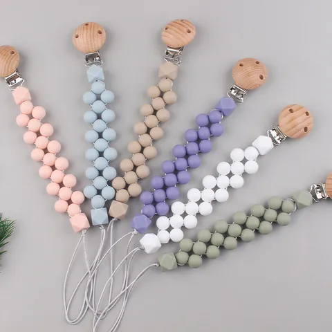 Baby Silicone Beads Beech Wood Pacifier Clip Anti-Drop Chain For Infants Newborn Teething Relief Morandi Pacifier Holder