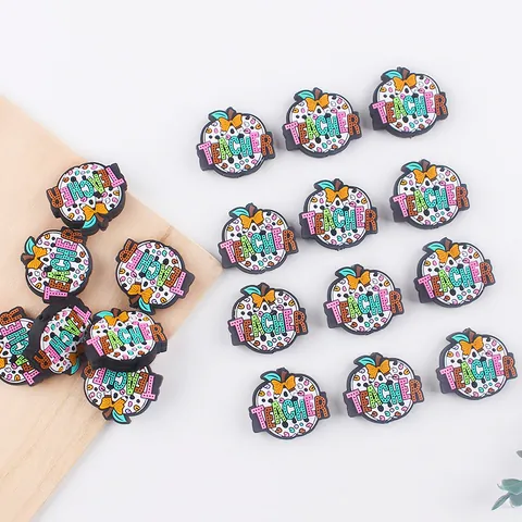Cartoon Apple Silicone Teether Beads Teacher Letter DIY Baby Molar Accessories Leopard Pattern Teacher Day Silicone Beads