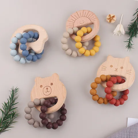 Beech Wood Silicone Baby Teether Bracelet Cartoon Animal Shape Morandi Color Sensory Toy For Infant Toddler Teething Relief