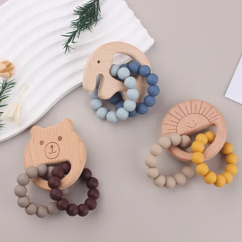 Beech Wood Silicone Baby Teether Bracelet Cartoon Animal Shape Morandi Color Sensory Toy For Infant Toddler Teething Relief