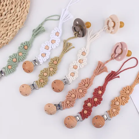 Catenella Portaciuccio per Neonati in Corda di Cotone Fatta a Mano Con Perle in Legno di Faggio Porta Ciuccio Boho Uncinetto