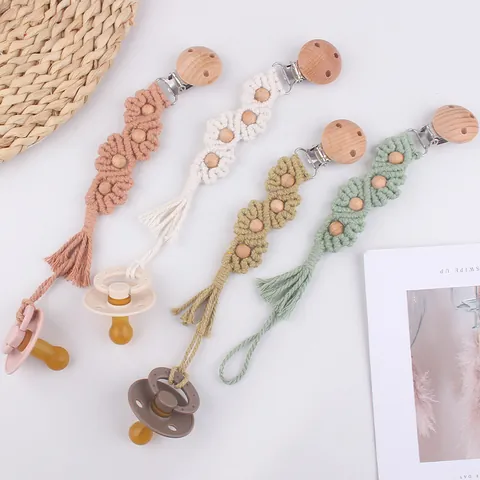 Catenella Portaciuccio per Neonati in Corda di Cotone Fatta a Mano Con Perle in Legno di Faggio Porta Ciuccio Boho Uncinetto
