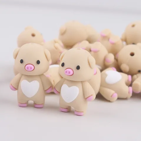 Cartoon Pig Silicone Beads Heart Pattern For Baby Teething DIY Jewelry Making Accessories 3D Piggy Silicone Loose Beads