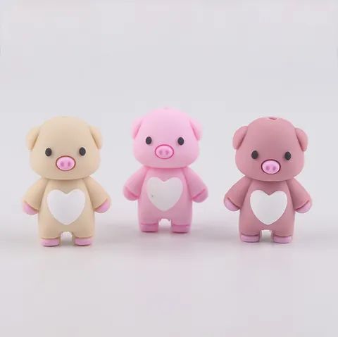 Cartoon Pig Silicone Beads Heart Pattern For Baby Teething DIY Jewelry Making Accessories 3D Piggy Silicone Loose Beads