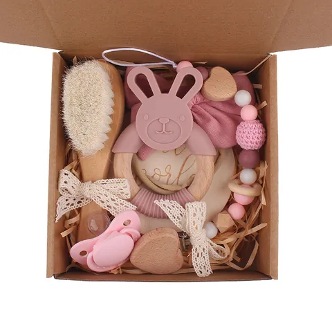 Newborn Baby Gift Box Rabbit Silicone Teether Pacifier Clip Wooden Brush Milestone Card Collection For Infant Baby Shower