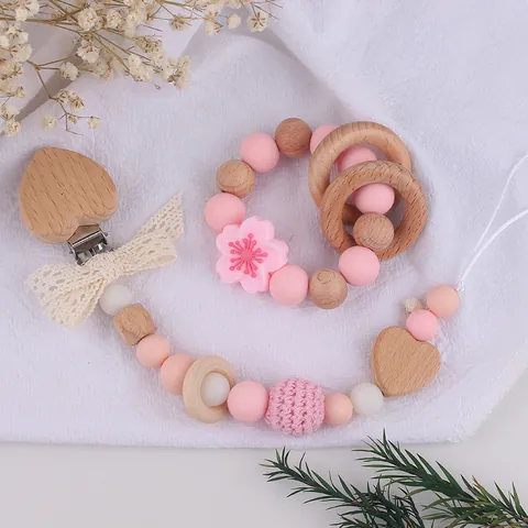 Baby Teether Bracelet Food Grade Silicone Beech Wood Teething Toy Flower Bead Soothing Rattle BPA Free Newborn Infant Gift