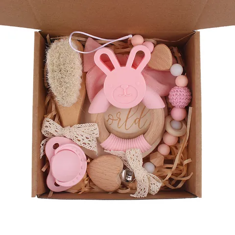 Newborn Baby Gift Box Rabbit Silicone Teether Pacifier Clip Wooden Brush Milestone Card Collection For Infant Baby Shower