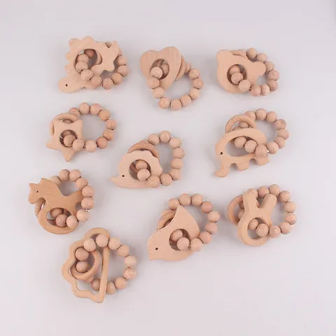 Natural Beech Wood Baby Teether Ring With Animal Shape And Wooden Beads Safe Grasping Sensory Development Newborn Teething Toy