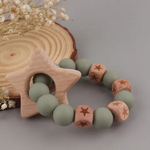 Baby Beech Wood Silicone Teether Bracelet Heart Star Bear Shape BPA Free Infant Grasping Toy Nursing Sensory Beads