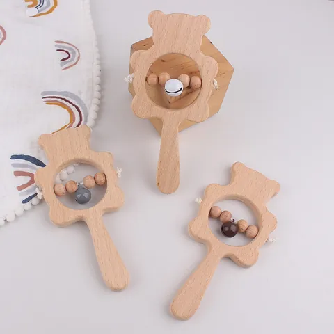 Baby Beechwood Silicone Teether Rattle Set Natural Wood Animal Bear Elephant Crochet Beads Sensory Teething Toy For Toddlers Infant