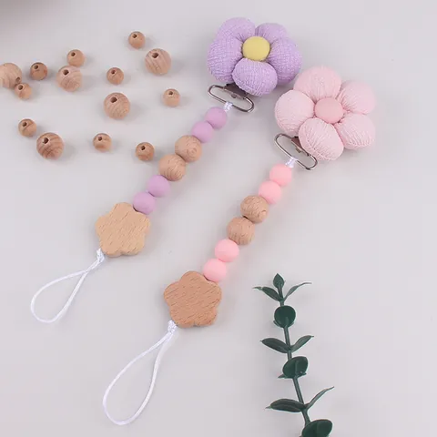 Säugling Schnullerkette Stoff Blume Silikon Holzperlen Beißring Halter Anti-Verlust Kette Baby Kleinkind Nordic Nursing Geschenk