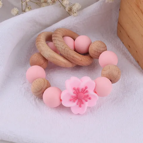 Baby Teether Bracelet Food Grade Silicone Beech Wood Teething Toy Flower Bead Soothing Rattle BPA Free Newborn Infant Gift