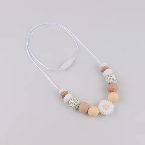 Silicone Wood Baby Teether Necklace Daisy Sunflower Nursing Necklace For Moms BPA Free Infant Teething Relief Beads Jewelry