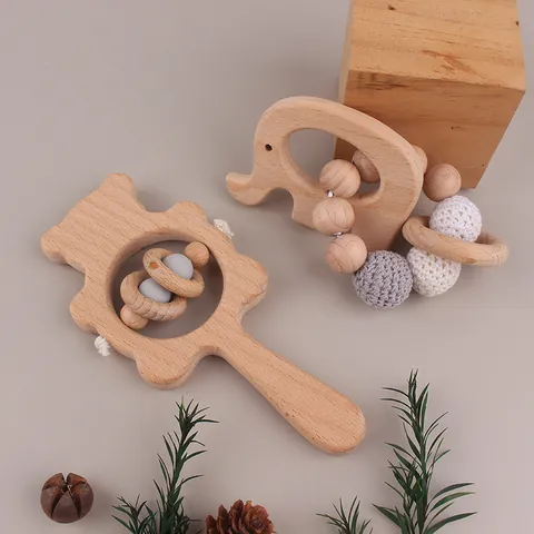 Beech Wood Baby Rattle Teether Handmade Crochet Beads Silicone Teething Bracelet Bear Elephant Animal Sensory Toy Infant Toddler