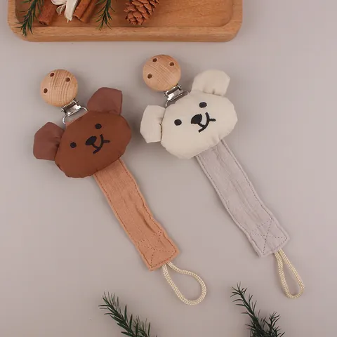 Plush Bear Baby Pacifier Clip Newborn Cotton Fabric Beech Wood Holder Soothing Nipple Anti-drop Chain Strap For Infants
