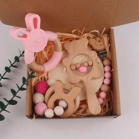 Beech Wood Silicone Baby Teether Rattle Set With Rabbit Teether Bear Rattle Crochet Beads Bear Pacifier Clip Natural Wooden Sensory Toy Gift