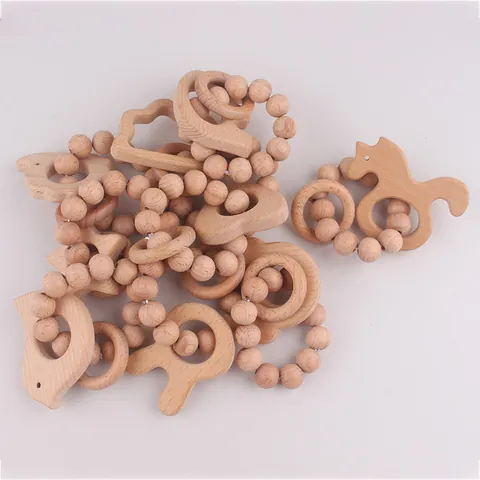 Natural Beech Wood Baby Teether Ring With Animal Shape And Wooden Beads Safe Grasping Sensory Development Newborn Teething Toy