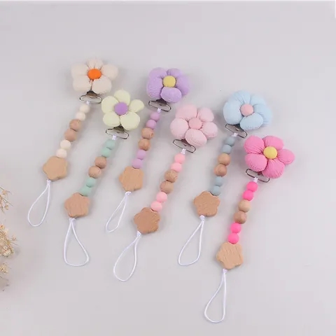 Säugling Schnullerkette Stoff Blume Silikon Holzperlen Beißring Halter Anti-Verlust Kette Baby Kleinkind Nordic Nursing Geschenk