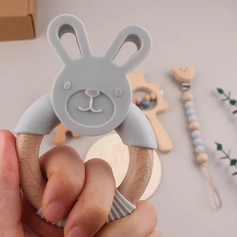 Beech Wood Silicone Baby Teether Rattle Set With Rabbit Teether Bear Rattle Crochet Beads Bear Pacifier Clip Natural Wooden Sensory Toy Gift