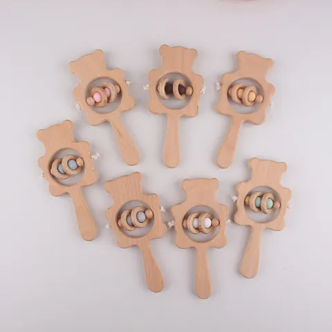 Beech Wood Baby Rattle Bear Shape Teether Toy Silicone Beads Smooth Educational Grabbing Toy For Infants Boys Girls Gift