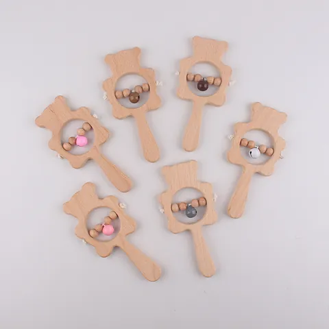 Natural Beech Wood Bear Baby Rattle With Handheld Handle Colorful Bell Wooden Beads Teether Toy For Infants Grasping Training