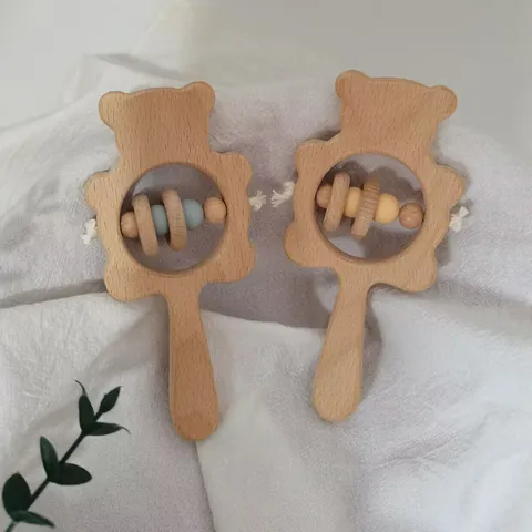 Beech Wood Baby Rattle Bear Shape Teether Toy Silicone Beads Smooth Educational Grabbing Toy For Infants Boys Girls Gift