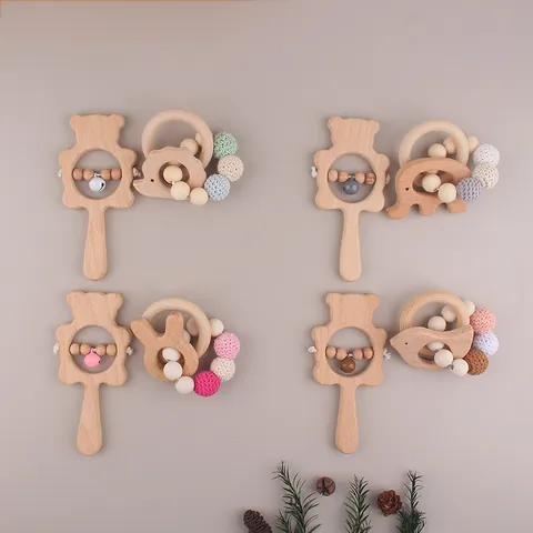 Baby Beechwood Silicone Teether Rattle Set Natural Wood Animal Bear Elephant Crochet Beads Sensory Teething Toy For Toddlers Infant
