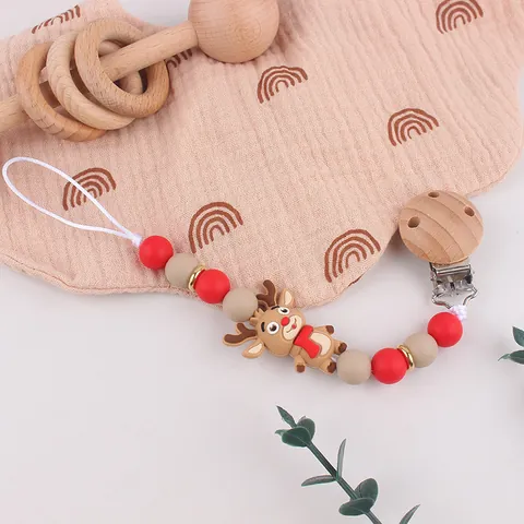 Christmas Baby Pacifier Clip Food Grade Silicone Beads Beech Wood Holder Reindeer Santa Claus Snowman Ginger Man Infant Soother Chain