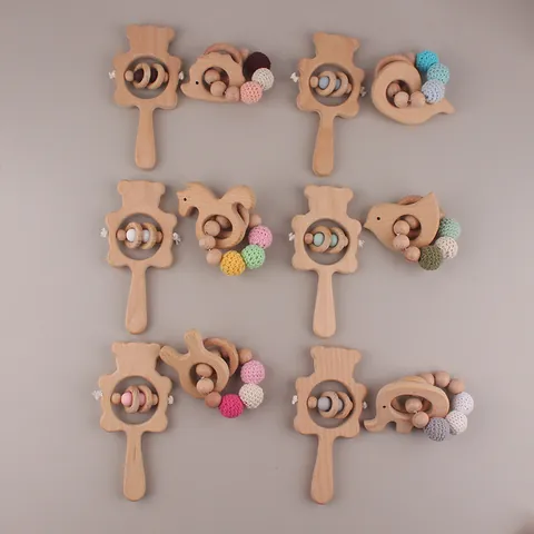 Beech Wood Baby Rattle Teether Handmade Crochet Beads Silicone Teething Bracelet Bear Elephant Animal Sensory Toy Infant Toddler