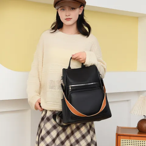 Mochila de Mujer de Moda de Cuero PU Gran Capacidad Antirrobo Con Correa de Contraste Textura Lichi Bolso de Viaje