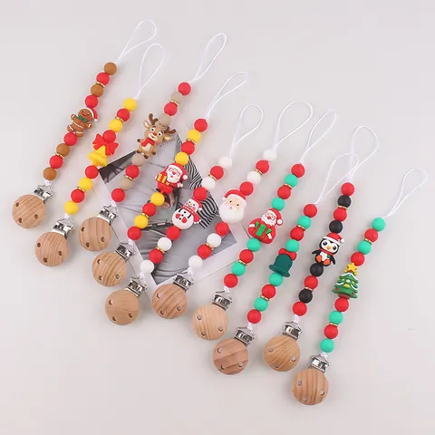 Christmas Baby Pacifier Clip Food Grade Silicone Beads Beech Wood Holder Reindeer Santa Claus Snowman Ginger Man Infant Soother Chain