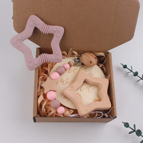 Baby Teether Gift Set Star Shape Silicone Wooden Beechwood Teething Toy With Pacifier Clip Finger Toothbrush For Toddler