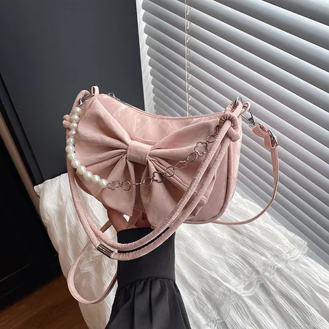 Women Sweet Bow Underarm Bag PU Leather Girly Artificial Pearl Metal Flower Chain Shoulder Crossbody Bag For Daily Dating Party