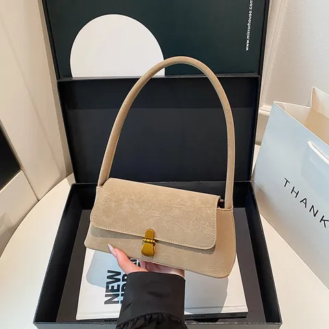Women Retro PU Leather Underarm Bag Vintage Simple Solid Color Shoulder Bag With Gold Metal Lock Casual Fashion Handbag