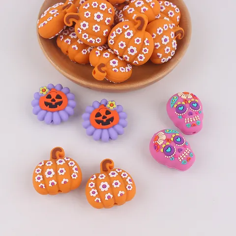 Perles en Silicone 3D Halloween Bricolage Citrouille Crâne Motif Floral Perles En Vrac Pour Bijoux Stylos Porte-clés Décoration