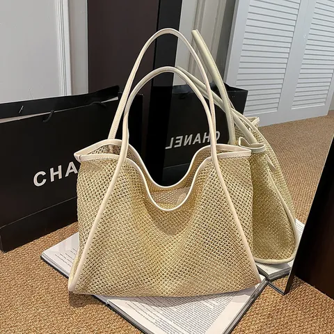 Große Gewebte Stroh-Tote-Tasche Mit PU-Lederbesatz Sommer Strand Schultertasche Für Damen Pendeln Lässige Handtasche