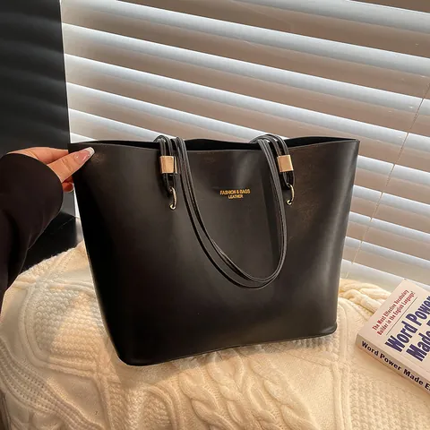 Vrouwen Grote Capaciteit PU Kunstleer Tote Bag Mode Gouden Letters Print Woon-werkverkeer Schoudertas Eenvoudige Handtas