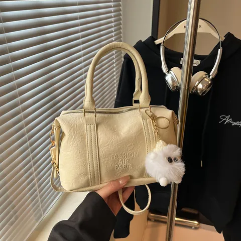 Vintage Maillard Brown Boston Bag For Women Fashion PU Leather Handbag With Monster Charm Mini Pillow Crossbody Bag Retro Bag
