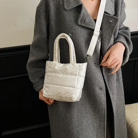 Women Quilted Puffer Crossbody Bag Metallic Glossy Lightweight Padded Tote Shoulder Bag With Adjustable Strap Fashion Winter Handbag