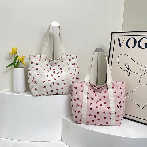 Fresh Strawberry Print Corduroy Tote Bag Large Capacity Commuter Shoulder Bag With Side Pockets For Women Sweet Style