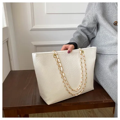 Women Large Capacity PU Leather Tote Bag Fashion Snake Pattern Chain Strap Shoulder Bag For Commuting Casual Daily Use