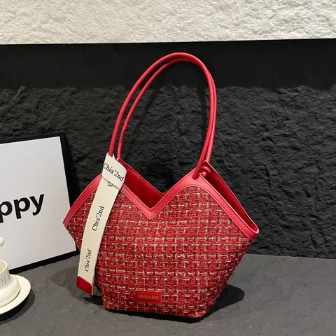 Large Capacity Tweed Plaid Tote Bag For Women Retro Woven Shoulder Bag With Letter Webbing Fashion Handbag For Daily Commuting