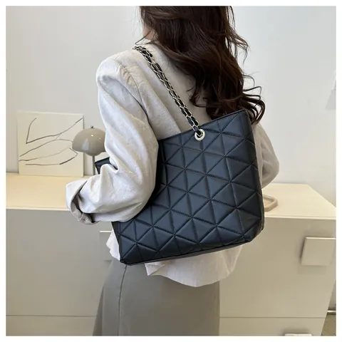 Borsa Tote Trapuntata a Rombi da Donna Grande Capacità in Pelle PU Borsa a Tracolla con Catena Casual Versatile