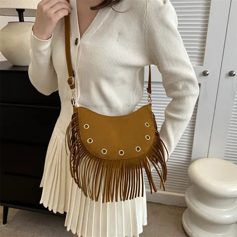 Women Vintage Suede Tassel Crossbody Bag Bohemian Rivet Dumpling Shoulder Bag For Daily Fashion Retro Sling Bag