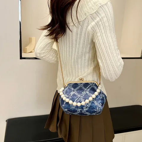 Borsa a Tracolla Vintage in Denim a Scacchi Con Manico di Künstliche Perle Sintetiche Catena d'Oro Donna Borsa a Mano Sfilacciata Clutch